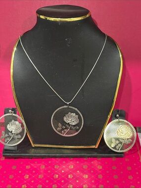 Silver Rose Pendant Necklace and Earring Set - Women Jewelry